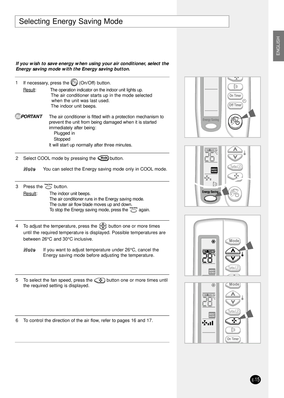 Samsung SH07ZS8X, SH09ZS8X, SH12ZSGX manual Selecting Energy Saving Mode 