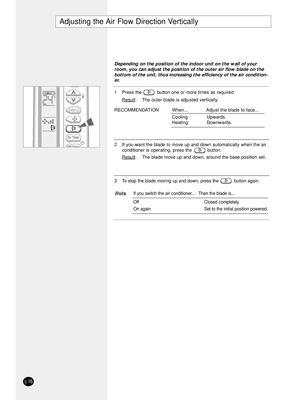 Samsung SH07ZS8X, SH09ZS8X, SH12ZSGX manual Adjusting the Air Flow Direction Vertically, Recommendation 