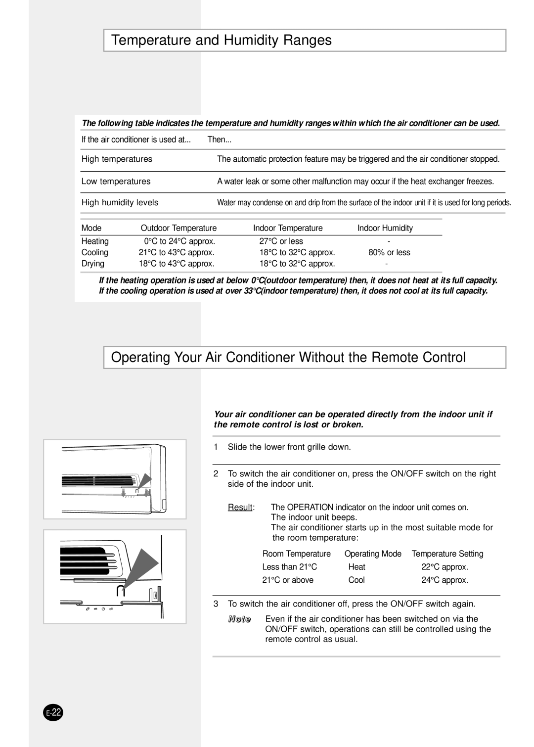 Samsung SH07ZS8X, SH12ZSG Temperature and Humidity Ranges, Operating Your Air Conditioner Without the Remote Control 