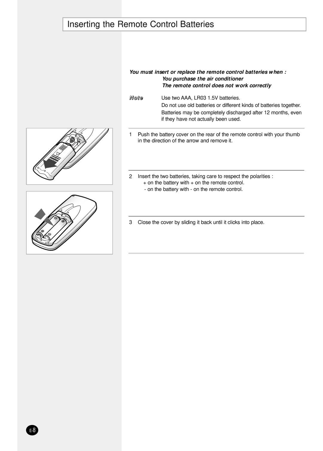 Samsung SH09ZS8X, SH07ZS8X, SH12ZSGX manual Inserting the Remote Control Batteries 