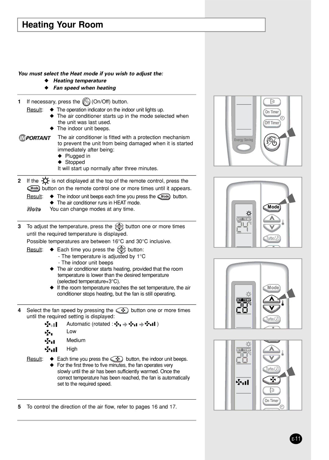 Samsung SH07ZZ8X/SER, SH07ZZ8/SER, SC05ZZ8X/SER, SH05ZZ8X/SER, SH07ZZ8/SEK, SC05ZZ8/SER, SH05ZZ8/SEK manual Heating Your Room 