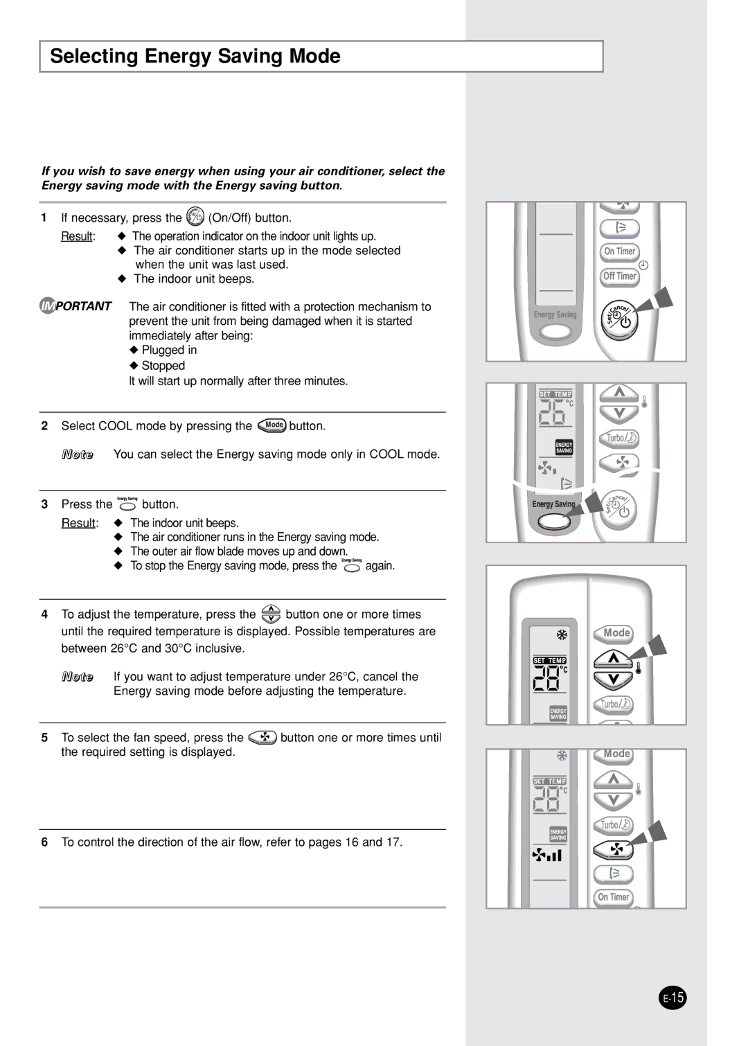 Samsung SC05ZZ8/SER, SH07ZZ8/SER, SH07ZZ8X/SER, SC05ZZ8X/SER, SH05ZZ8X/SER, SH07ZZ8/SEK manual Selecting Energy Saving Mode 