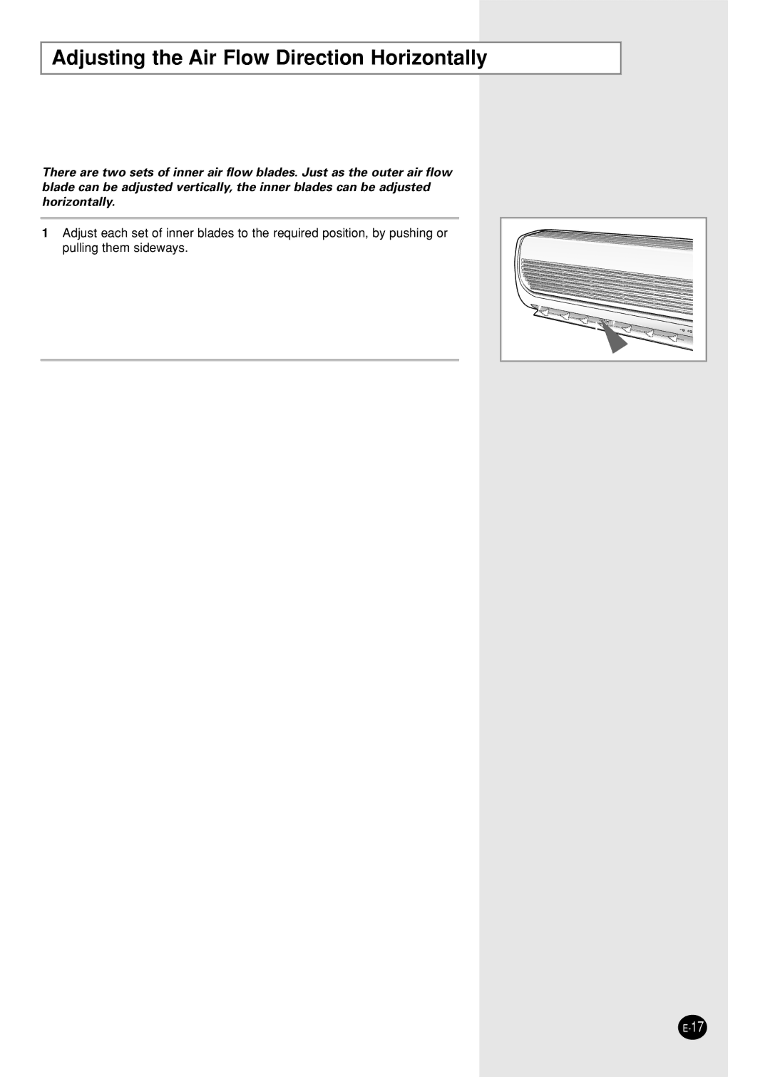 Samsung SH05ZZ8X/SEK, SH07ZZ8/SER, SH07ZZ8X/SER, SC05ZZ8X/SER, SH05ZZ8X/SER Adjusting the Air Flow Direction Horizontally 