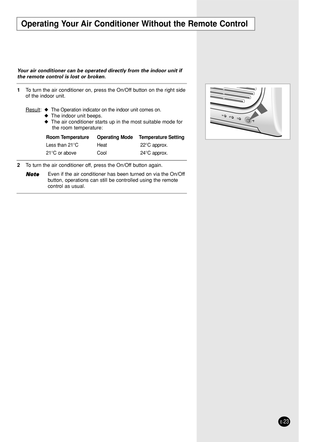 Samsung SH05ZZ8X/SER manual Operating Your Air Conditioner Without the Remote Control, Room Temperature Operating Mode 