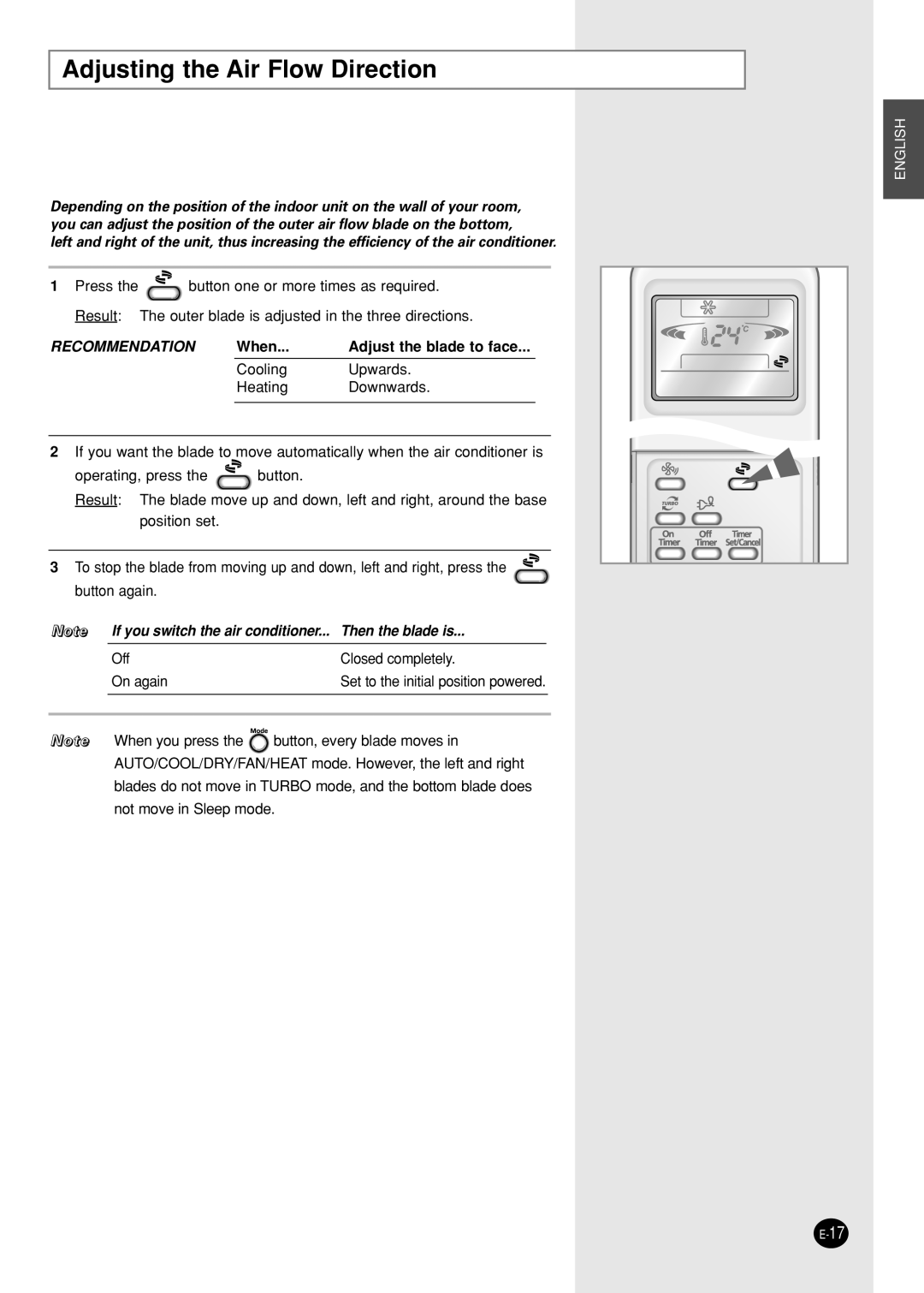 Samsung SH09AI8VX, SH09AI8RX/SER, SH09AI8R/SER, SH09AI8V/SER manual Adjusting the Air Flow Direction, Recommendation 