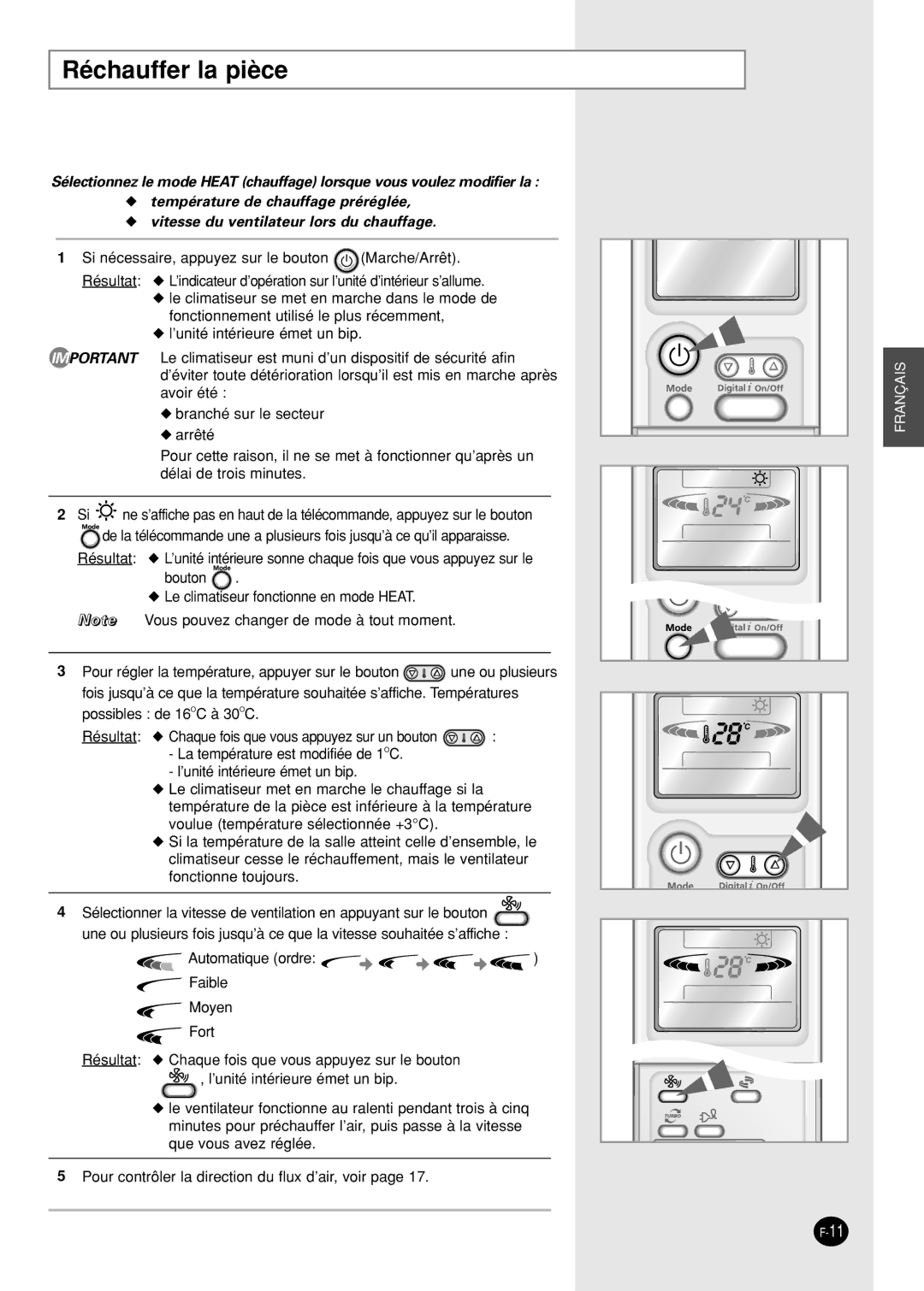 Samsung SH09AI8RX, SH09AI8VX manual Réchauffer la pièce 