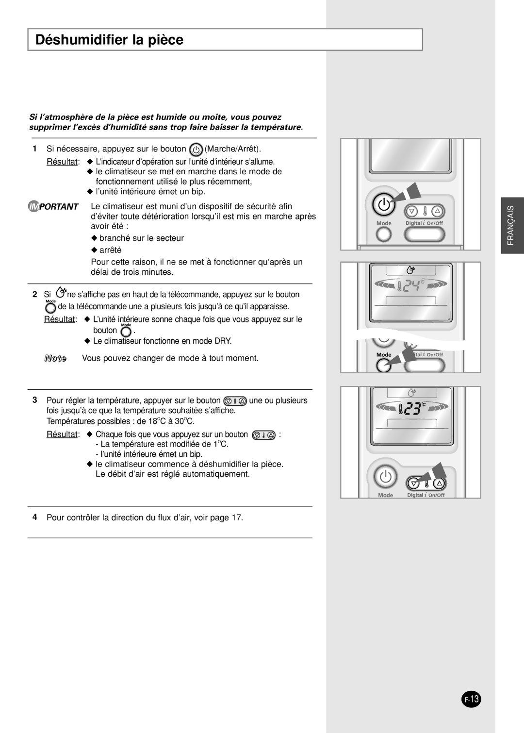 Samsung SH09AI8VX, SH09AI8RX manual Déshumidifier la pièce 