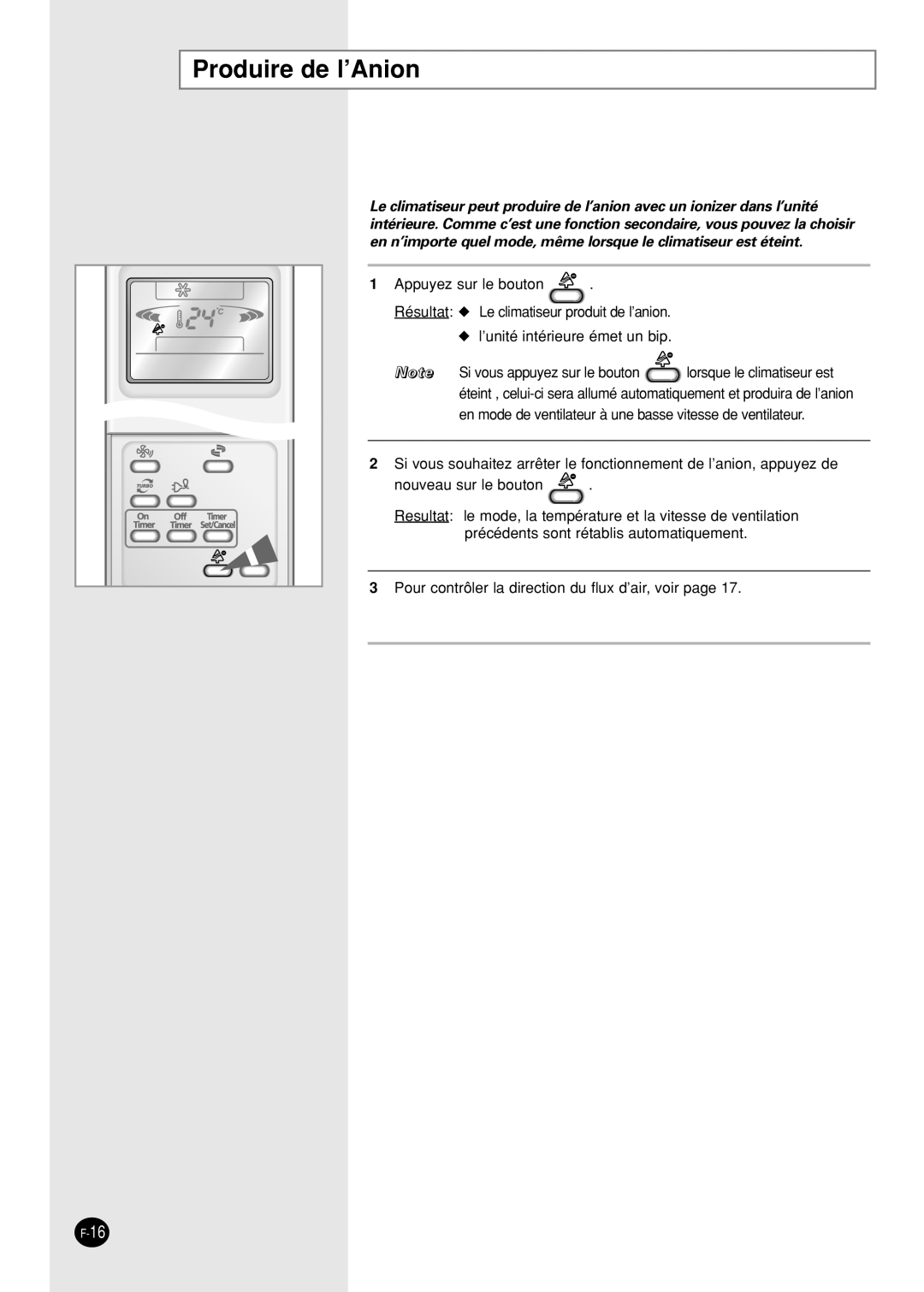 Samsung SH09AI8VX, SH09AI8RX manual Produire de l’Anion 