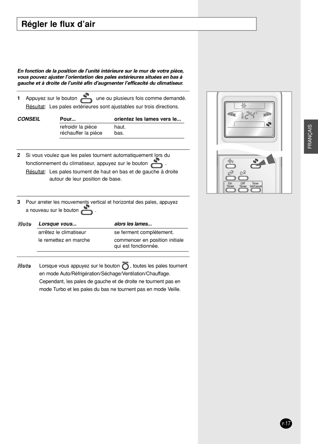 Samsung SH09AI8VX, SH09AI8RX manual Régler le flux d’air, Conseil 