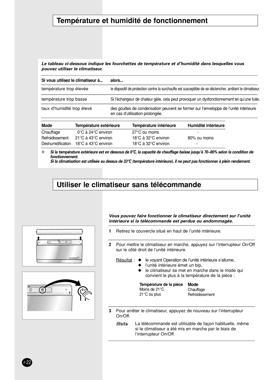 Samsung SH09AI8R, SH09AI8VX manual Température et humidité de fonctionnement, Utiliser le climatiseur sans télécommande 