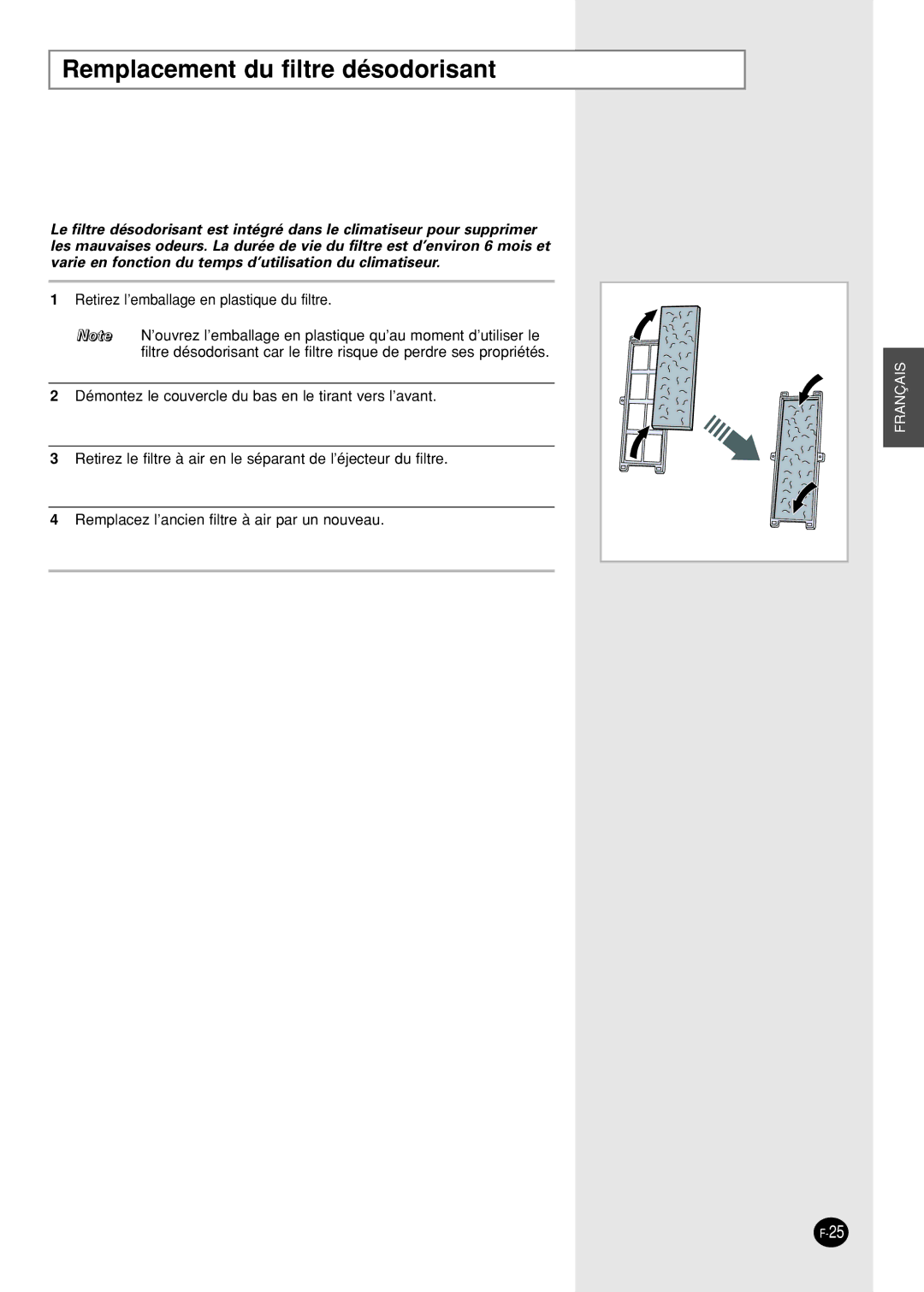 Samsung SH09AI8VX, SH09AI8RX manual Remplacement du filtre désodorisant 