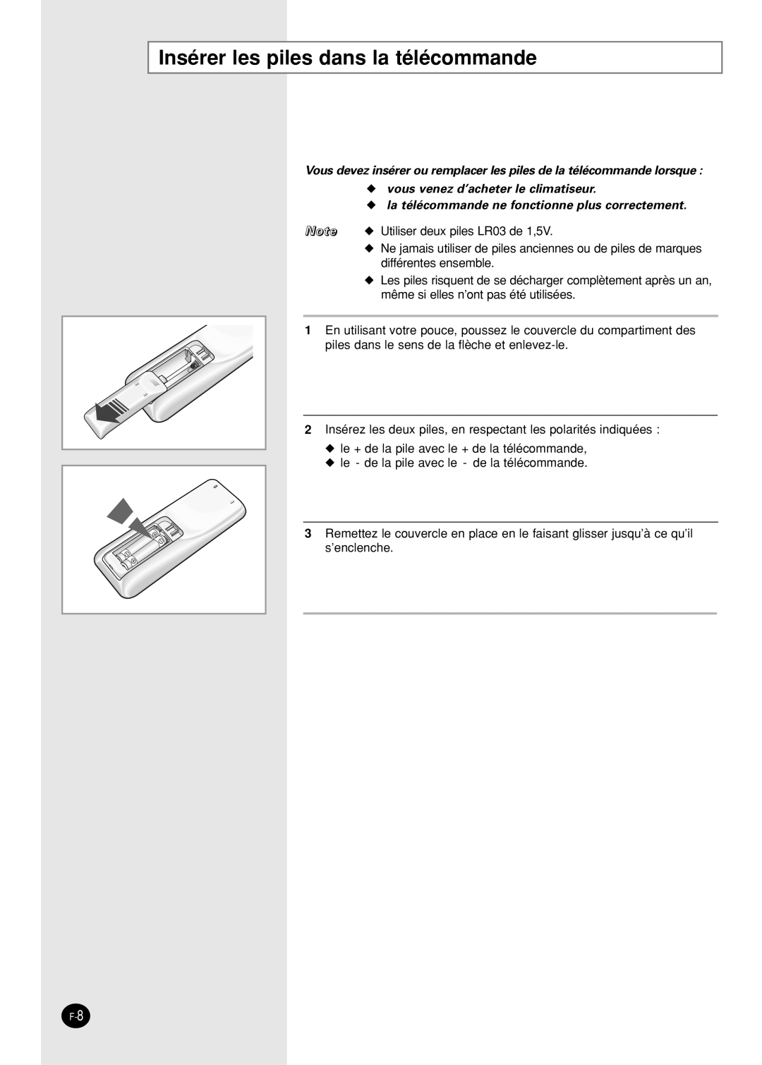 Samsung SH09AI8VX, SH09AI8RX manual Insérer les piles dans la télécommande 