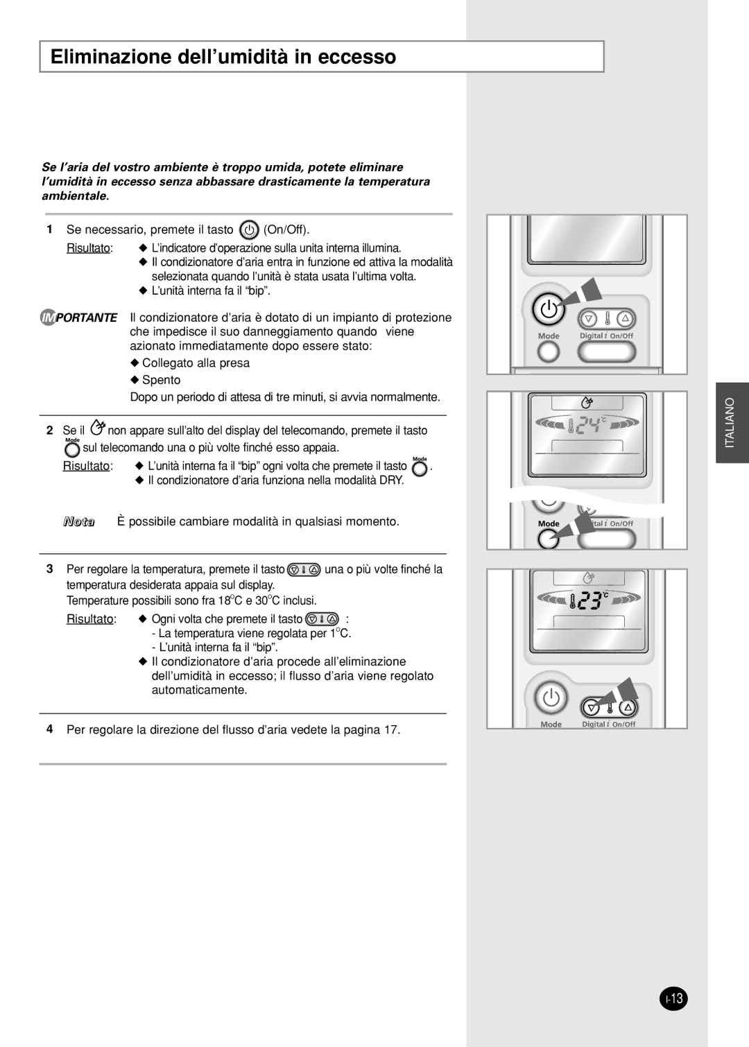 Samsung SH09AI8VX, SH09AI8RX manual Eliminazione dell’umidità in eccesso 