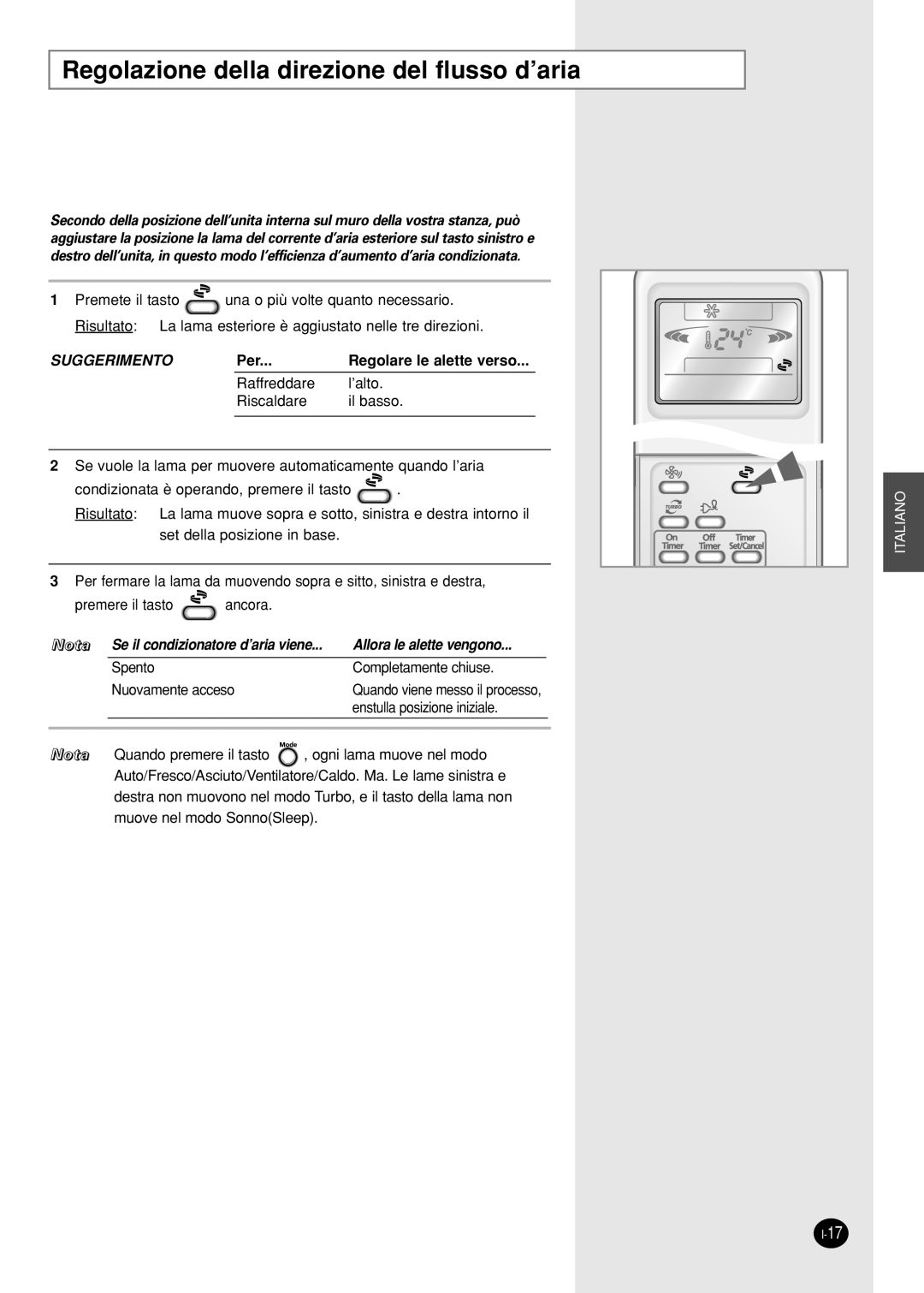 Samsung SH09AI8VX, SH09AI8RX manual Regolazione della direzione del flusso d’aria, Suggerimento 