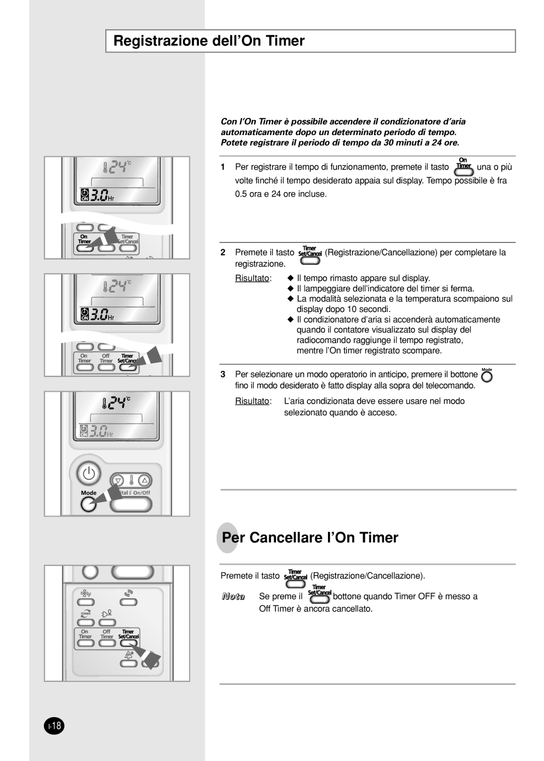 Samsung SH09AI8VX, SH09AI8RX manual Registrazione dell’On Timer, Per Cancellare l’On Timer 