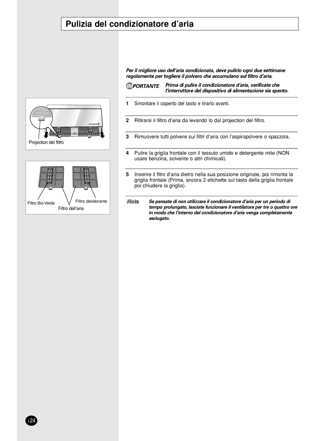 Samsung SH09AI8VX, SH09AI8RX manual Pulizia del condizionatore d’aria 