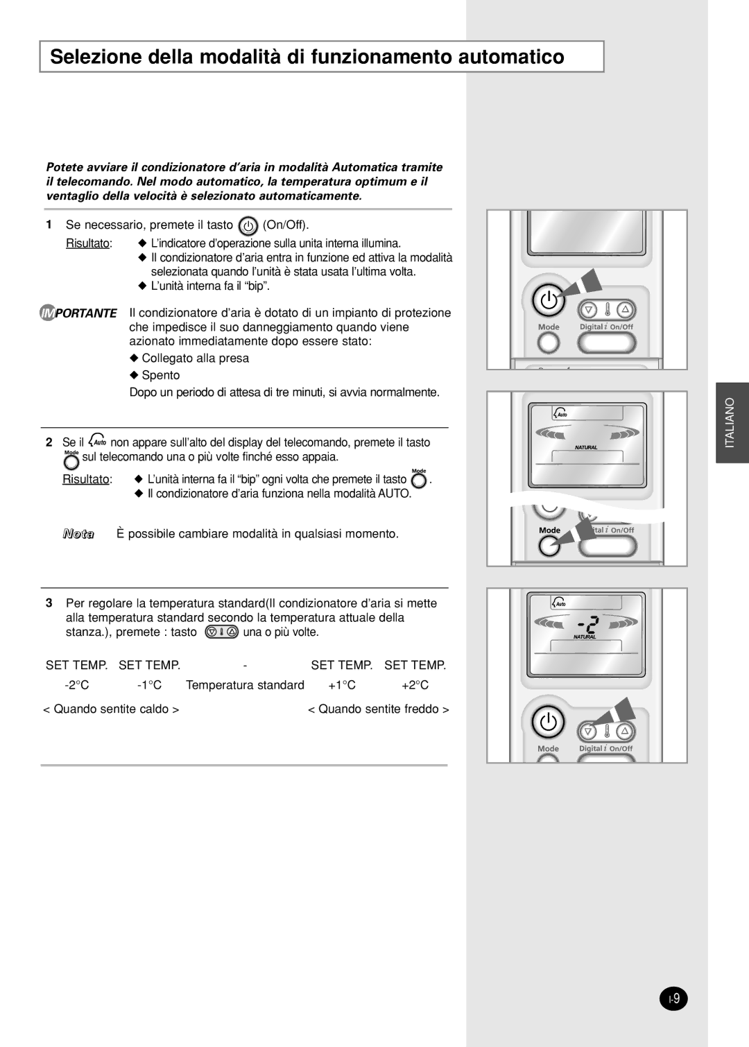 Samsung SH09AI8VX, SH09AI8RX manual Selezione della modalità di funzionamento automatico 