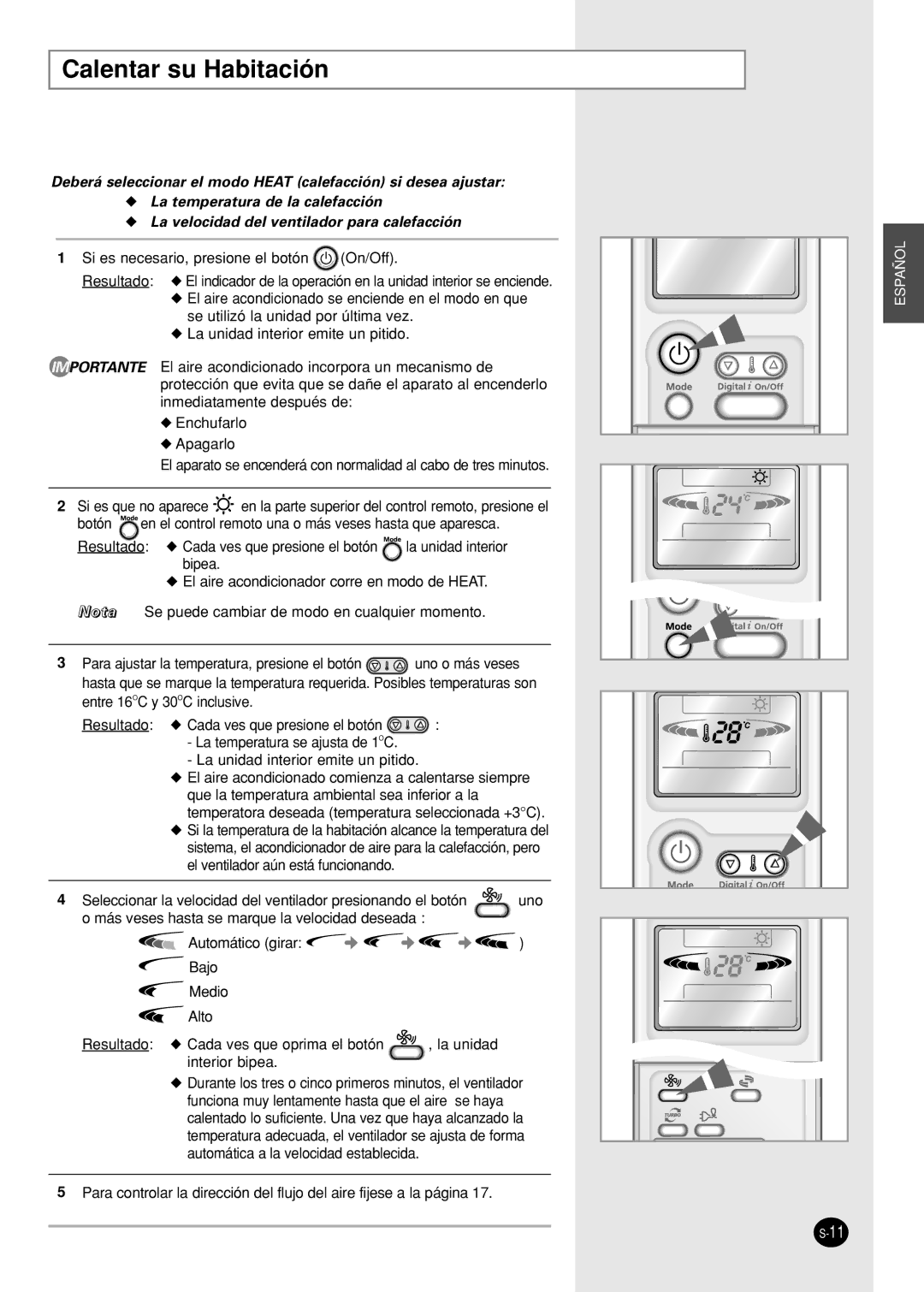 Samsung SH09AI8RX, SH09AI8VX manual Calentar su Habitación 