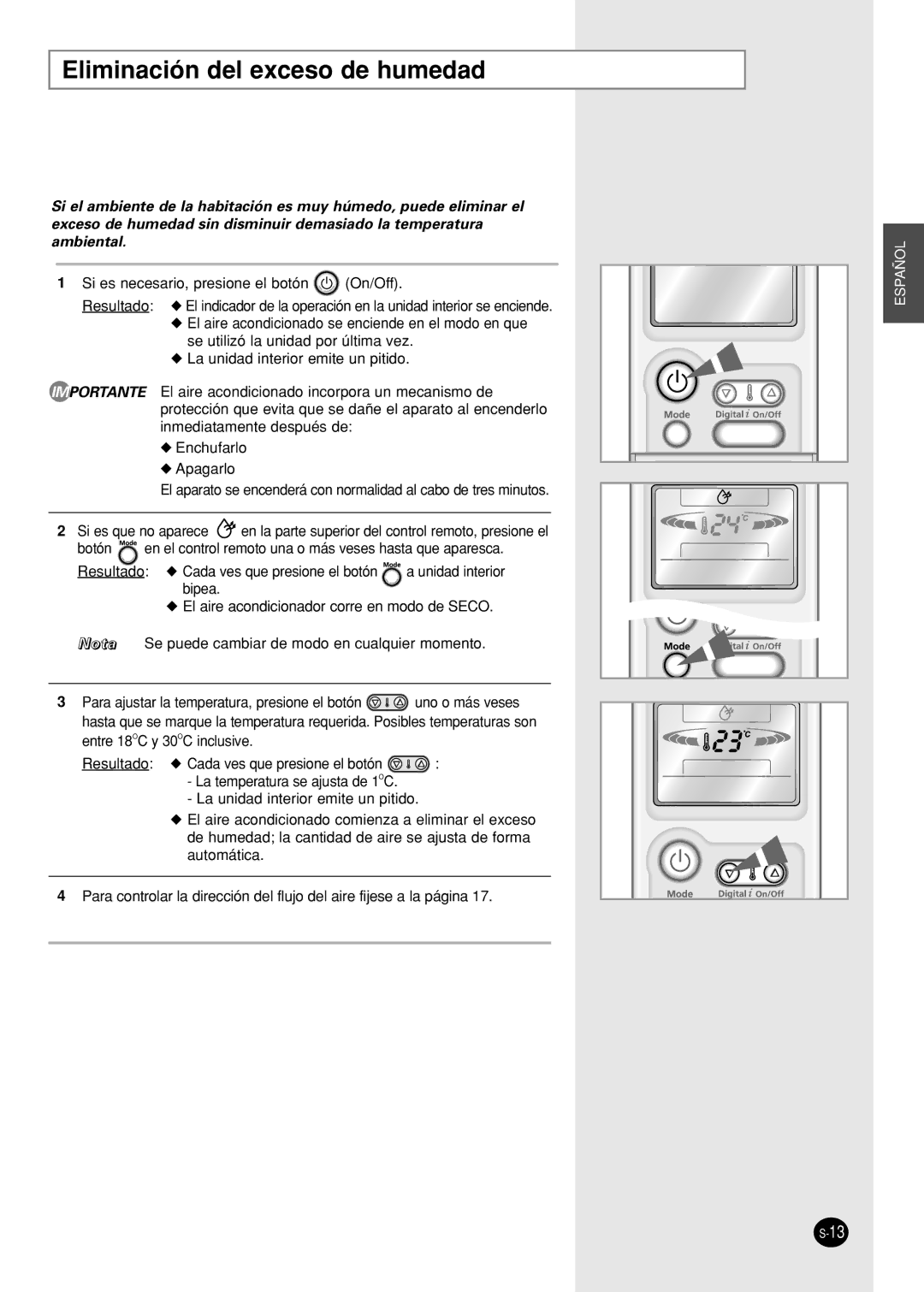 Samsung SH09AI8VX, SH09AI8RX manual Eliminación del exceso de humedad 