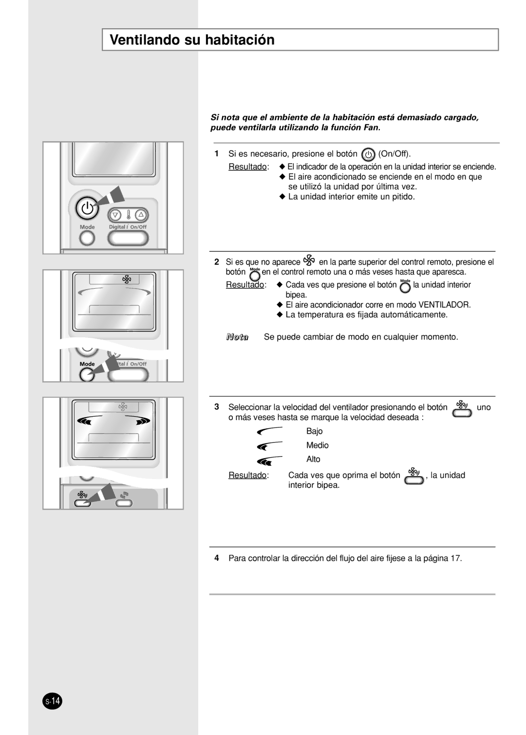 Samsung SH09AI8RX, SH09AI8VX manual Ventilando su habitación, Si es necesario, presione el botón On/Off 