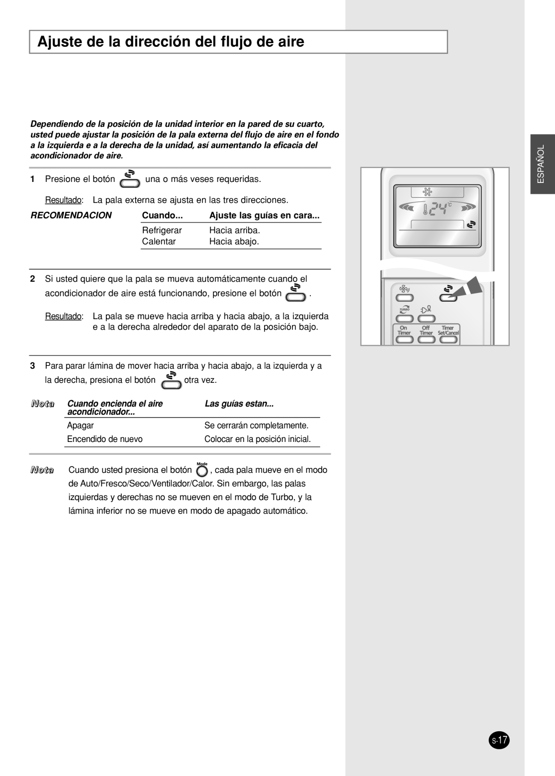 Samsung SH09AI8RX, SH09AI8VX manual Ajuste de la dirección del flujo de aire, Recomendacion 