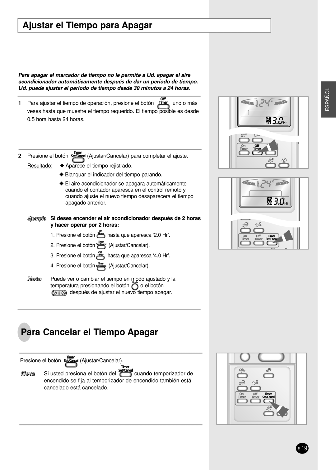 Samsung SH09AI8VX, SH09AI8RX manual Ajustar el Tiempo para Apagar, Para Cancelar el Tiempo Apagar 