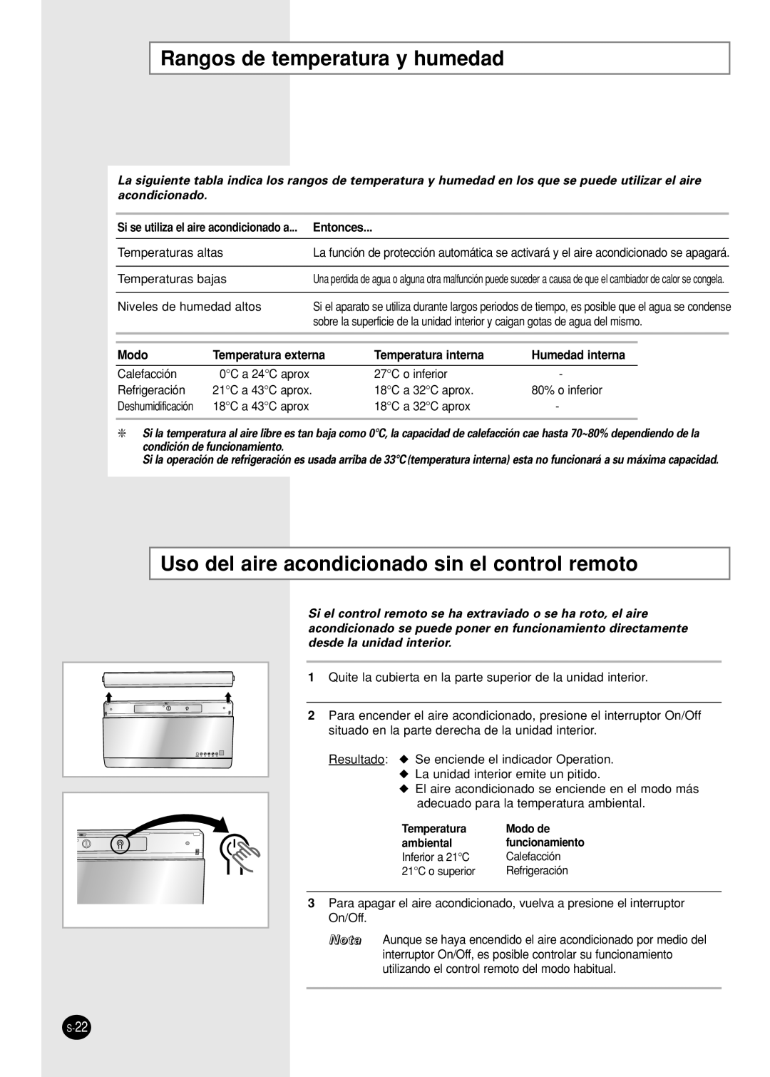 Samsung SH09AI8VX, SH09AI8RX manual Rangos de temperatura y humedad, Uso del aire acondicionado sin el control remoto 