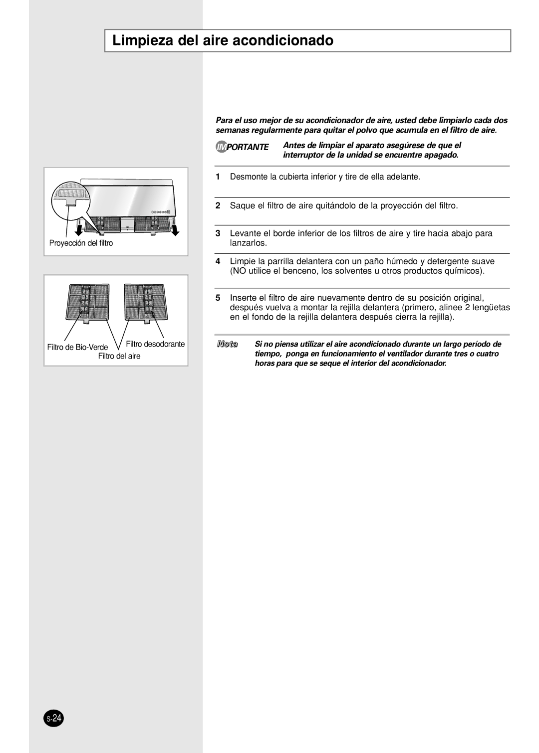 Samsung SH09AI8VX, SH09AI8RX manual Limpieza del aire acondicionado, Filtro del aire 