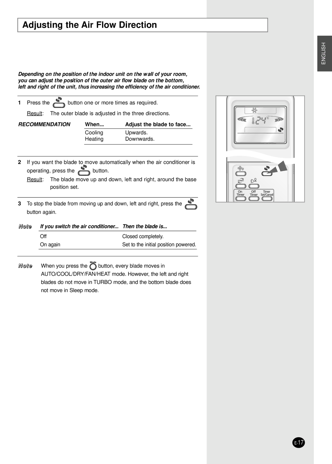 Samsung SH09AI8VD/SER, SH09AI8RD/SER manual Adjusting the Air Flow Direction, Recommendation 