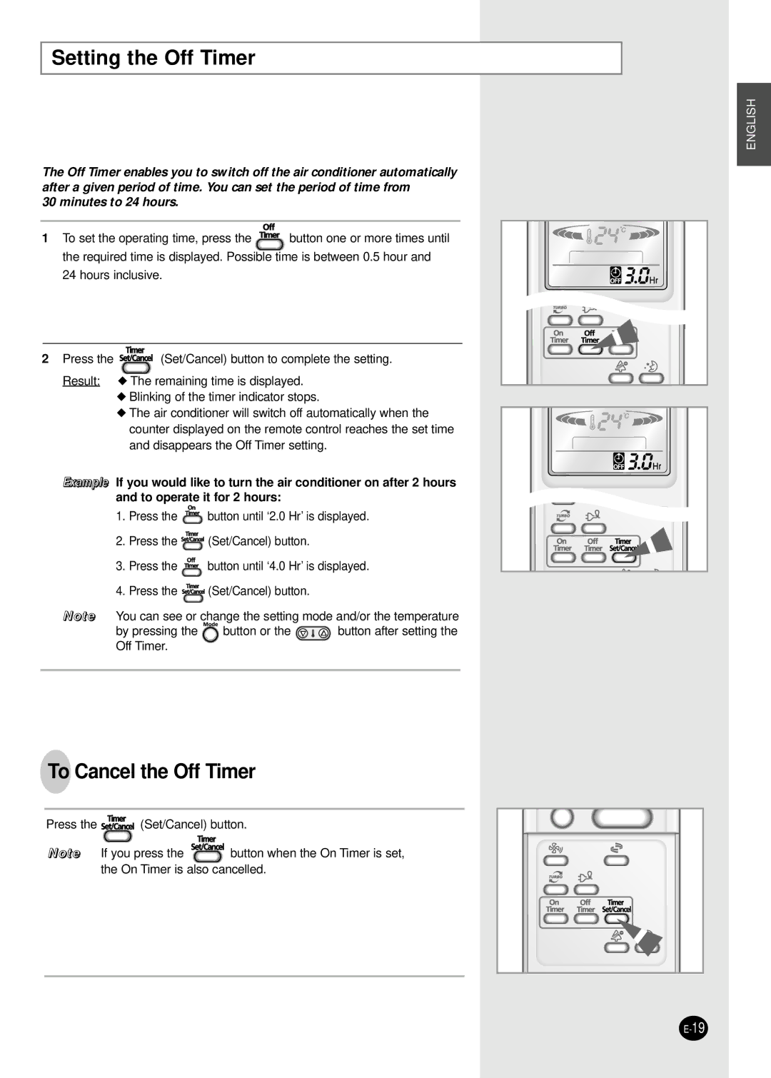 Samsung SH09AI8RD/SER, SH09AI8VD/SER manual Setting the Off Timer, To Cancel the Off Timer 