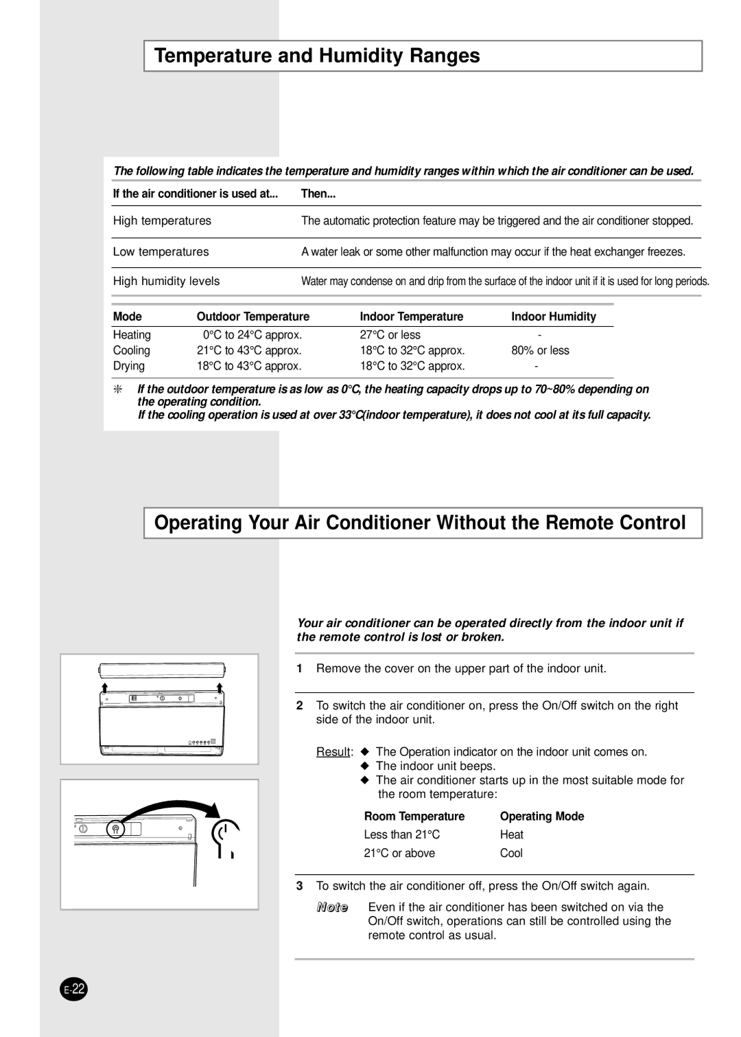 Samsung SH09AI8RD/SER manual Temperature and Humidity Ranges, Operating Your Air Conditioner Without the Remote Control 