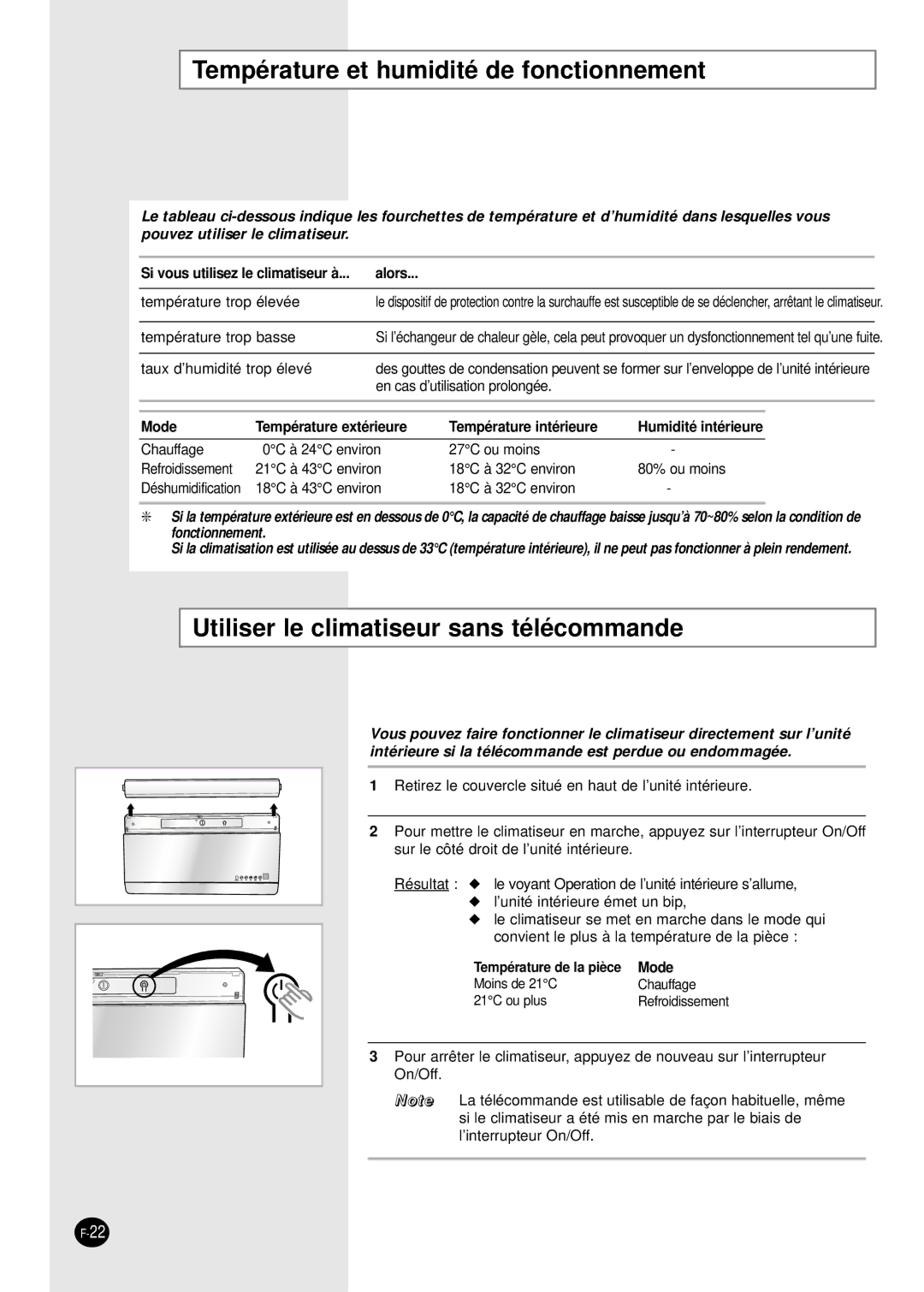 Samsung SH09AI8VD manual Température et humidité de fonctionnement, Utiliser le climatiseur sans télécommande 