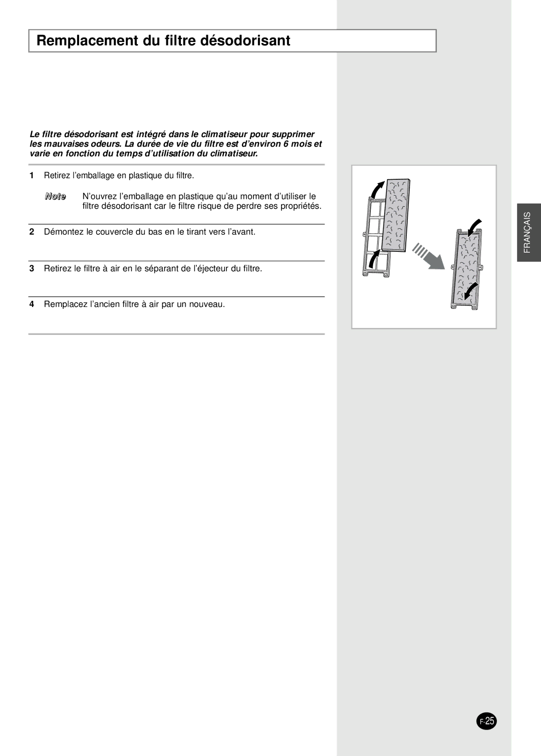 Samsung SH09AI8VD manual Remplacement du filtre désodorisant 