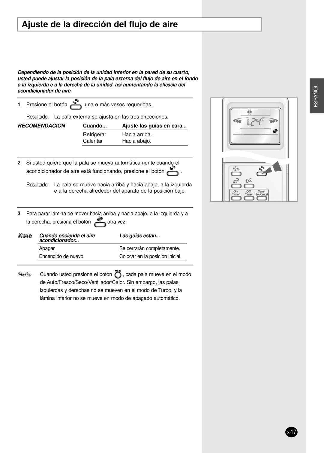 Samsung SH09AI8VD manual Ajuste de la dirección del flujo de aire, Recomendacion 