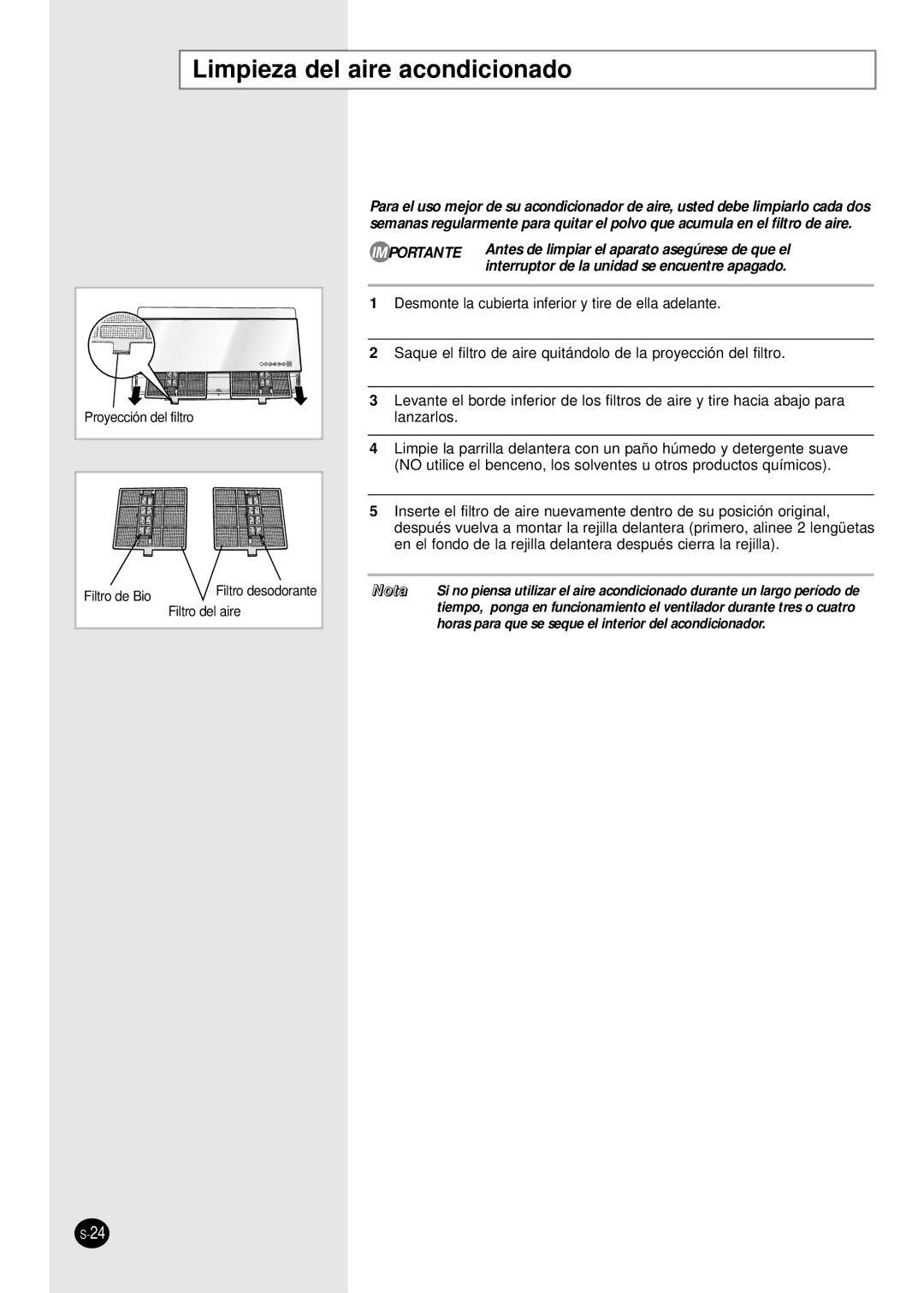 Samsung SH09AI8VD manual Limpieza del aire acondicionado, Filtro del aire 