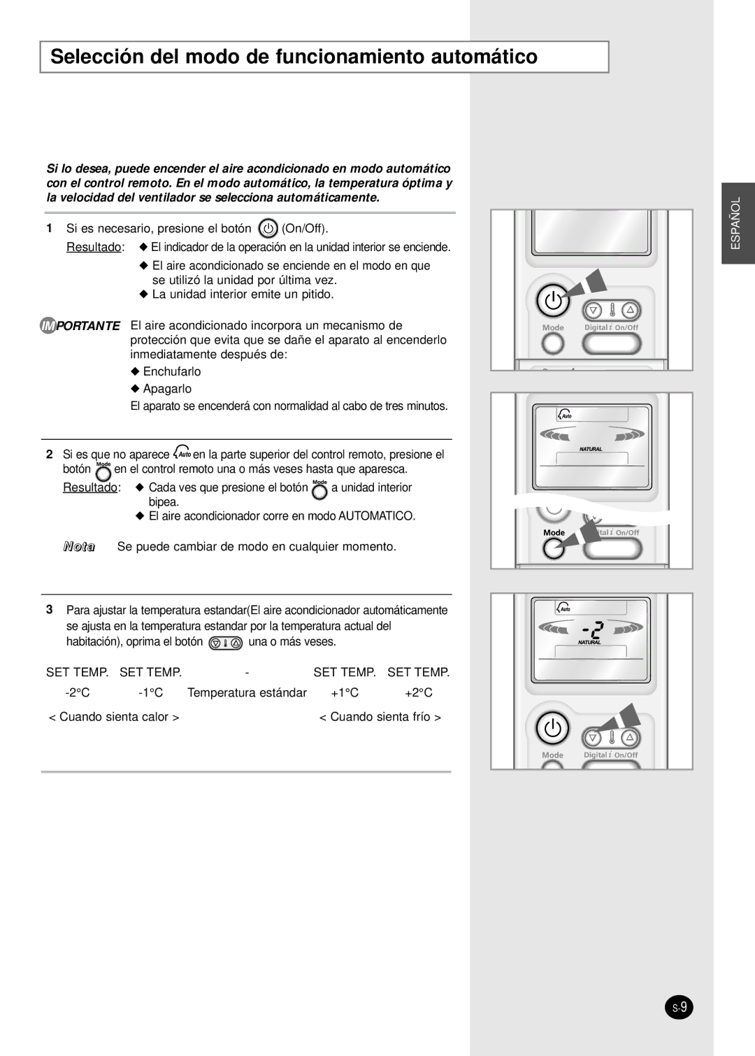 Samsung SH09AI8VD manual Selección del modo de funcionamiento automático 