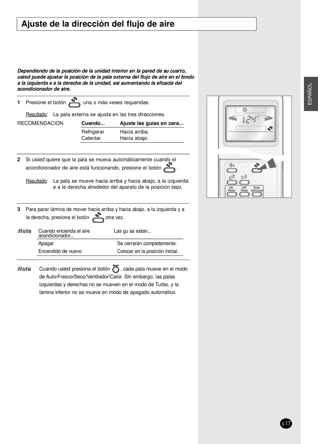 Samsung SH09AI8VD manual Ajuste de la dirección del flujo de aire, Recomendacion 