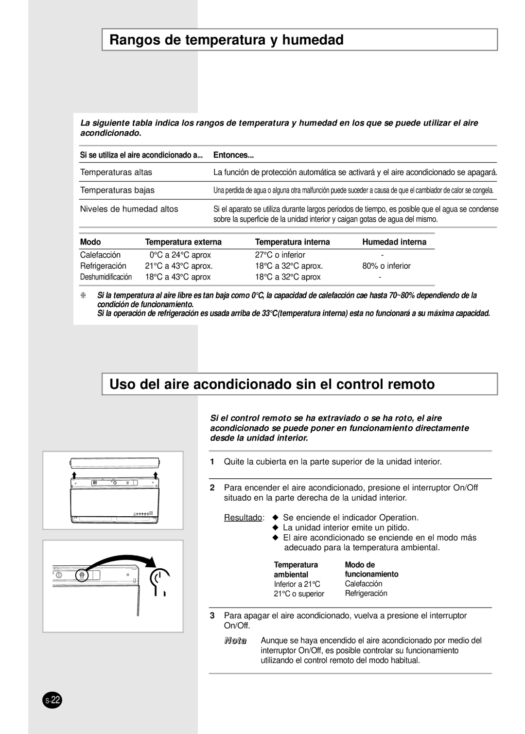 Samsung SH09AI8VD manual Rangos de temperatura y humedad, Uso del aire acondicionado sin el control remoto 