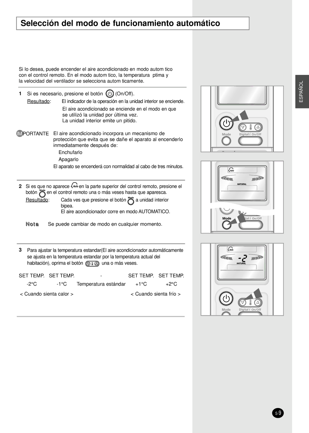 Samsung SH09AI8VD manual Selección del modo de funcionamiento automático 