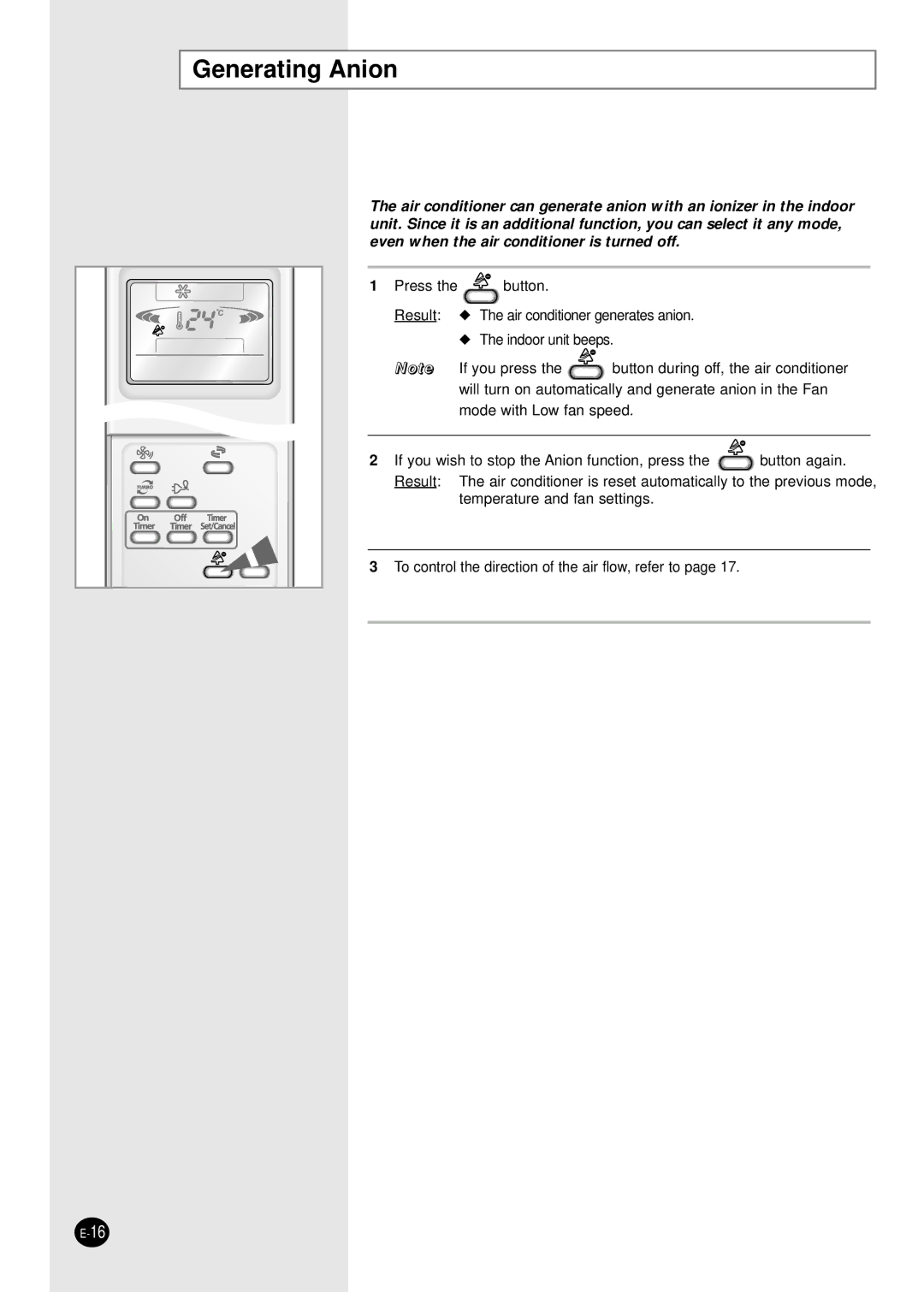 Samsung SH09AI8VD/SER manual Generating Anion 