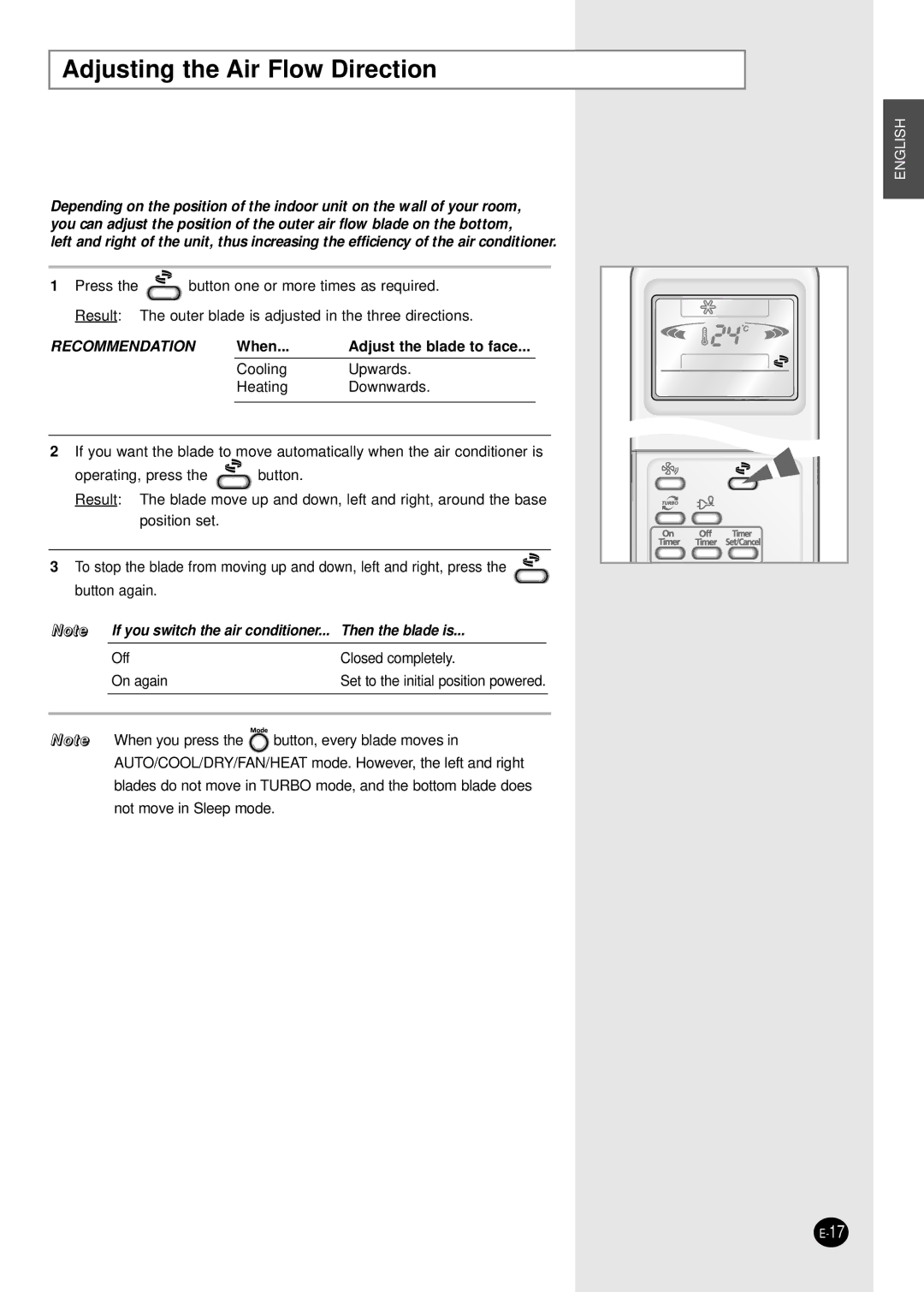 Samsung SH09AI8VD/SER manual Adjusting the Air Flow Direction, Recommendation 