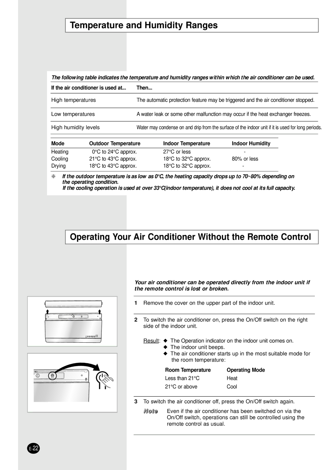 Samsung SH09AI8VD/SER manual Temperature and Humidity Ranges, Operating Your Air Conditioner Without the Remote Control 