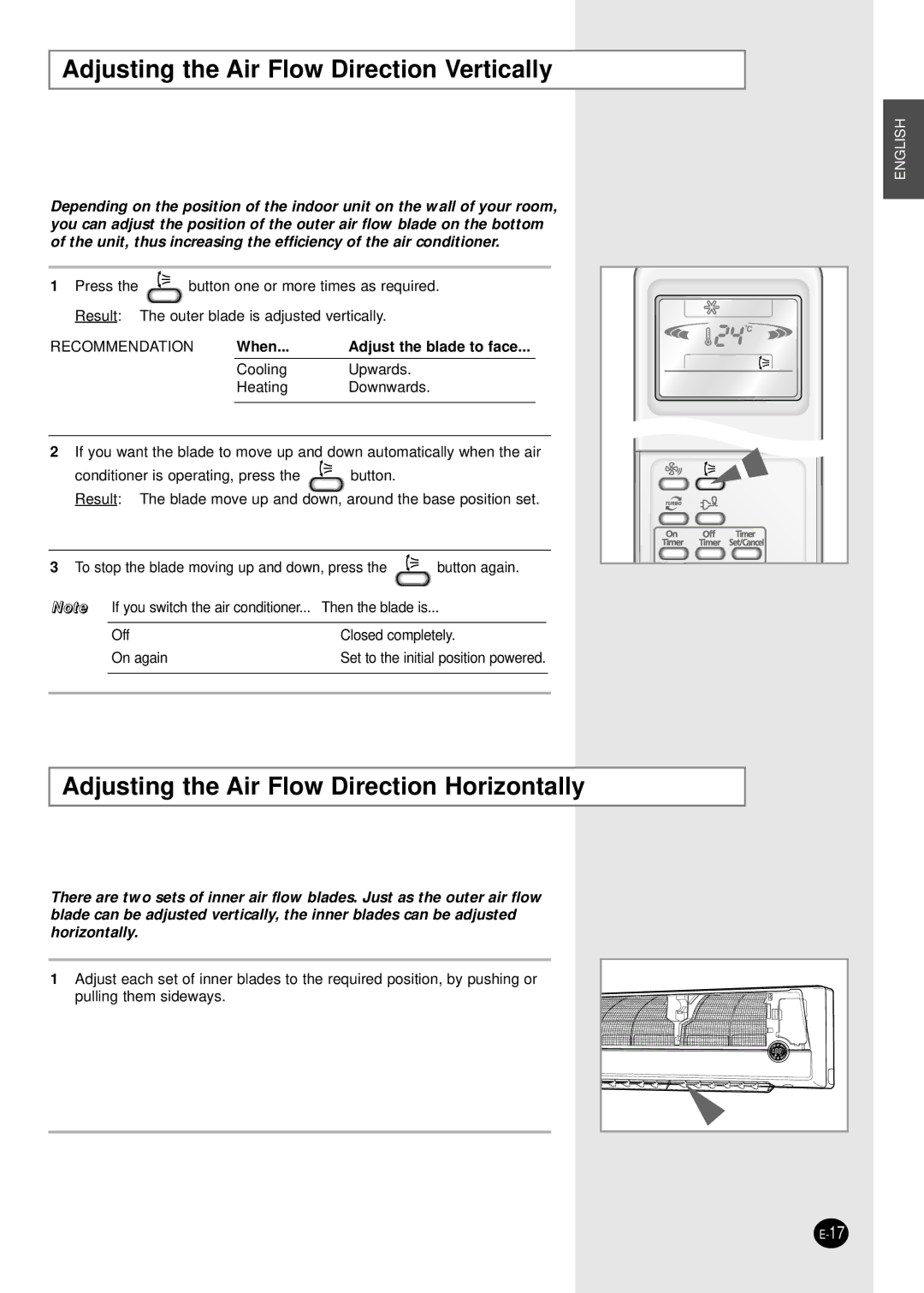 Samsung SH09APGD manual Adjusting the Air Flow Direction Vertically, Adjusting the Air Flow Direction Horizontally 