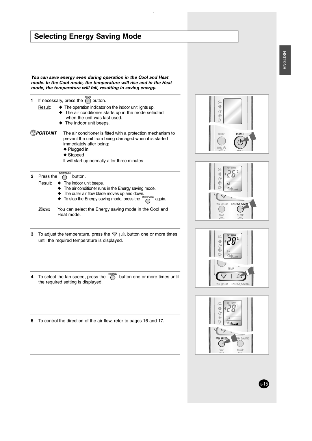 Samsung SH12AWHD, SH09AW8 manual Selecting Energy Saving Mode 