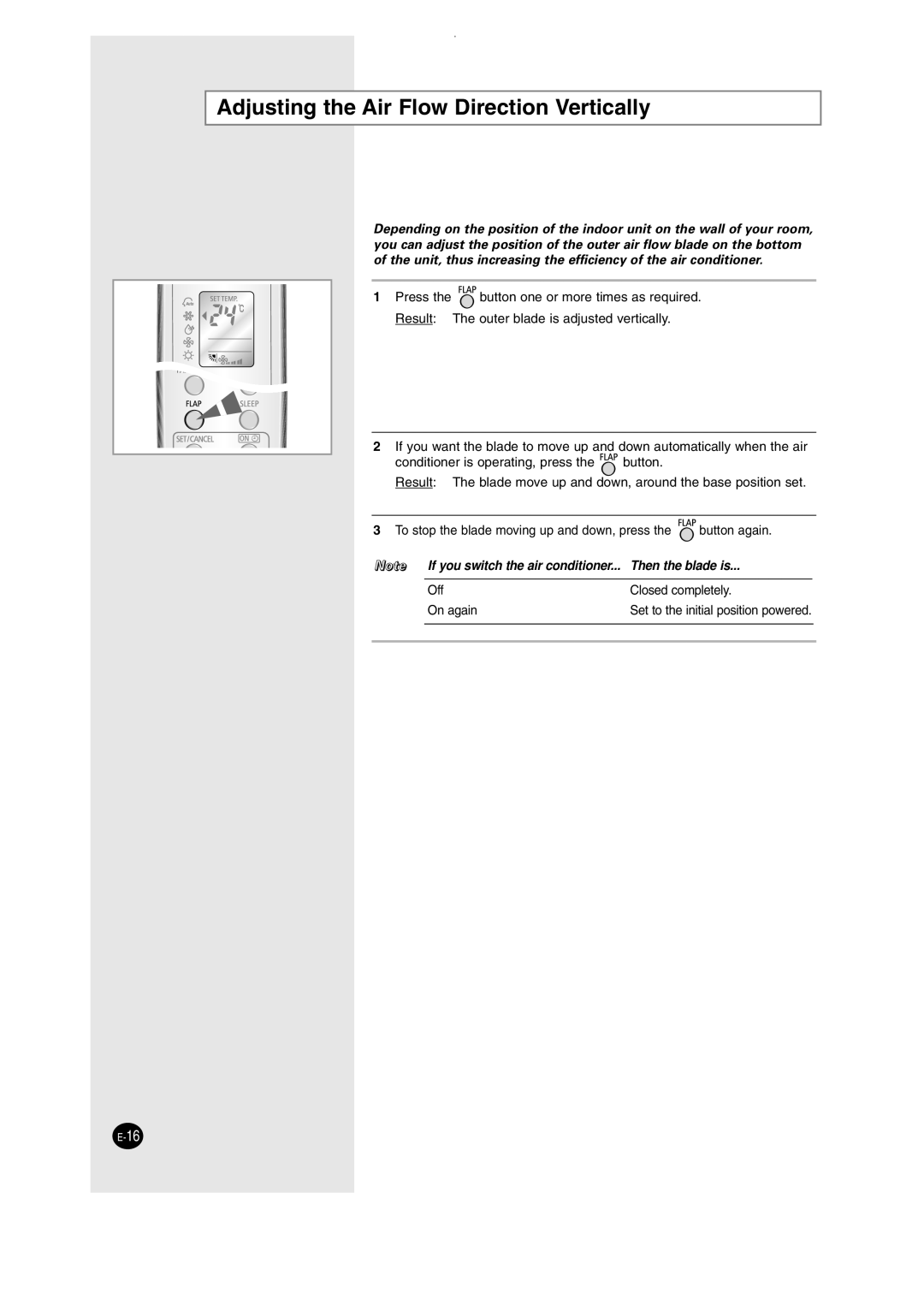 Samsung SH09AW8, SH12AWHD manual Adjusting the Air Flow Direction Vertically 