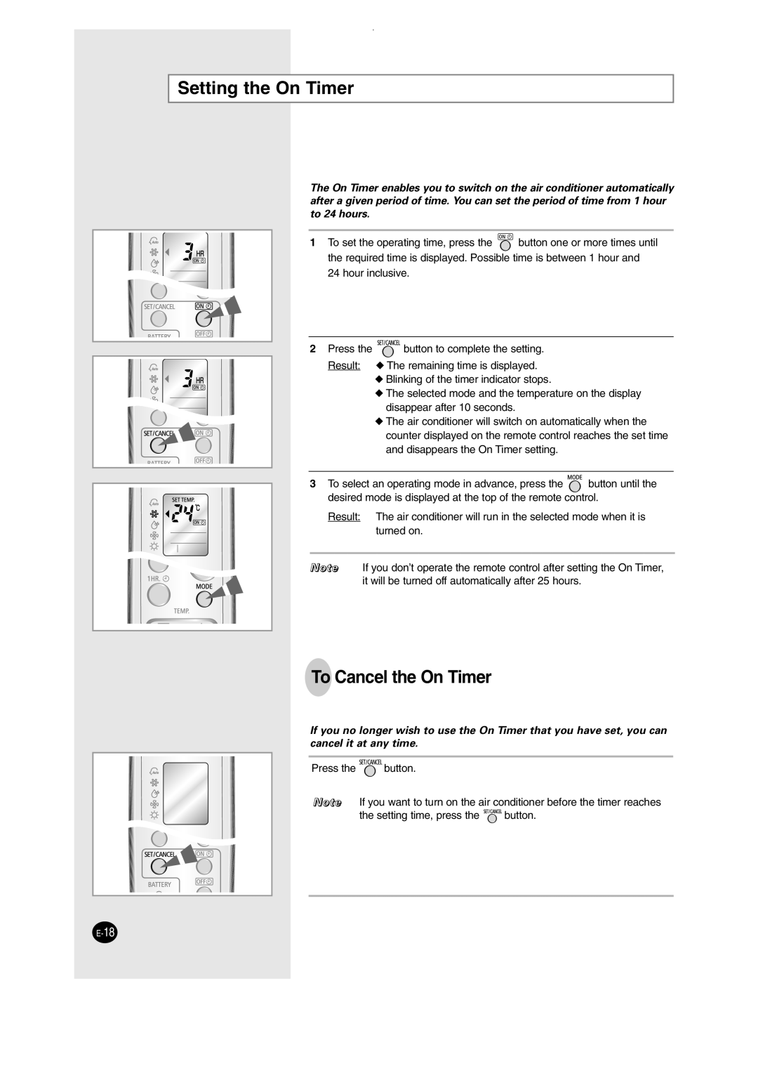 Samsung SH09AW8, SH12AWHD manual Setting the On Timer, To Cancel the On Timer 