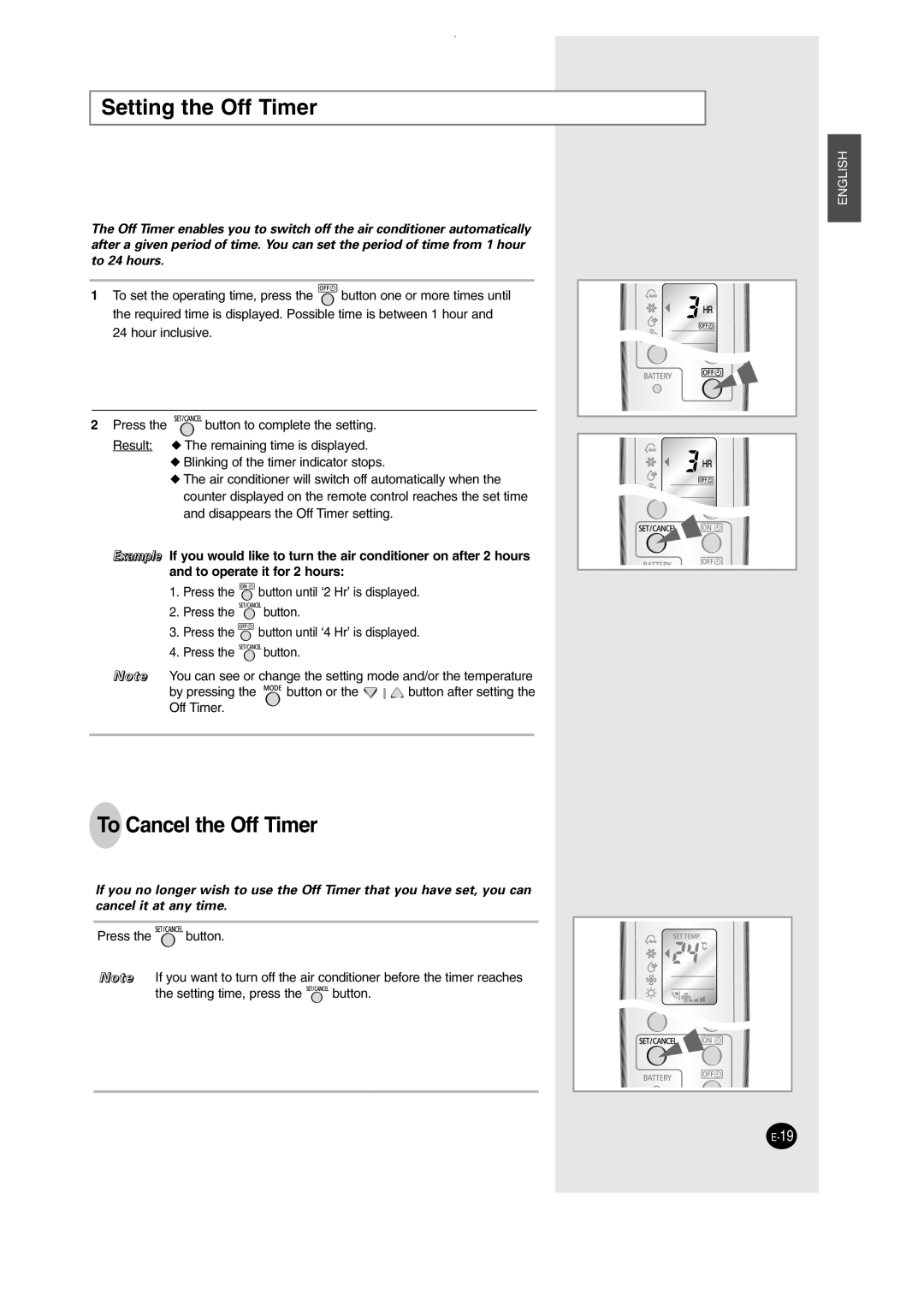 Samsung SH12AWHD, SH09AW8 manual Setting the Off Timer, To Cancel the Off Timer 