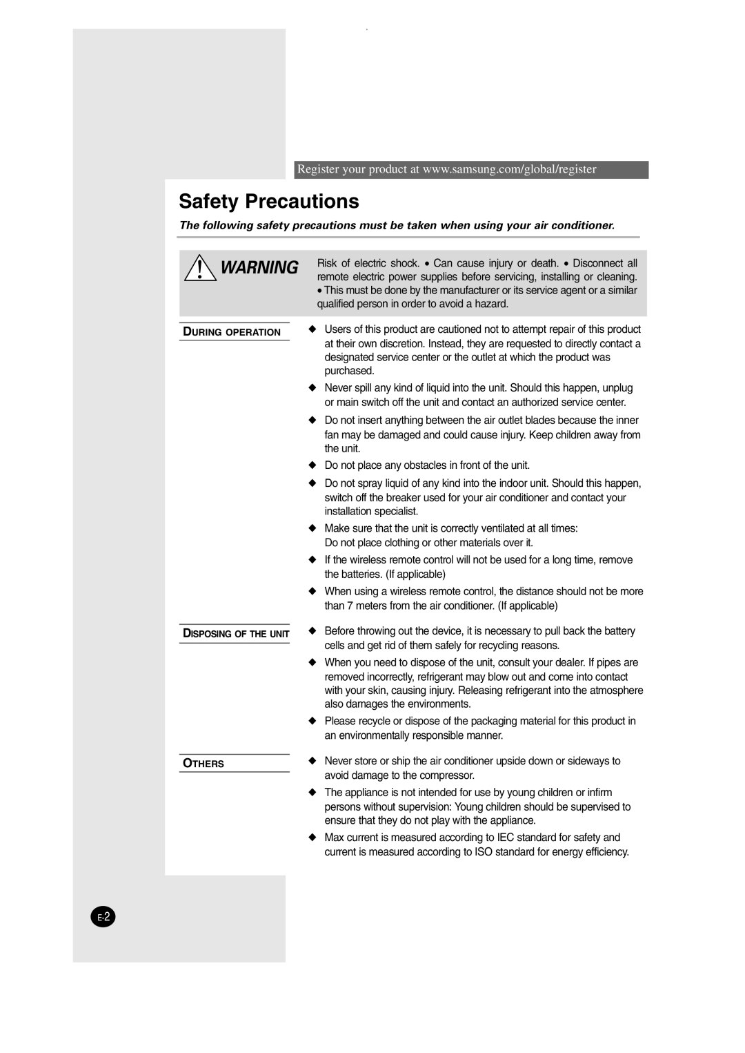 Samsung SH09AW8, SH12AWHD manual Safety Precautions 