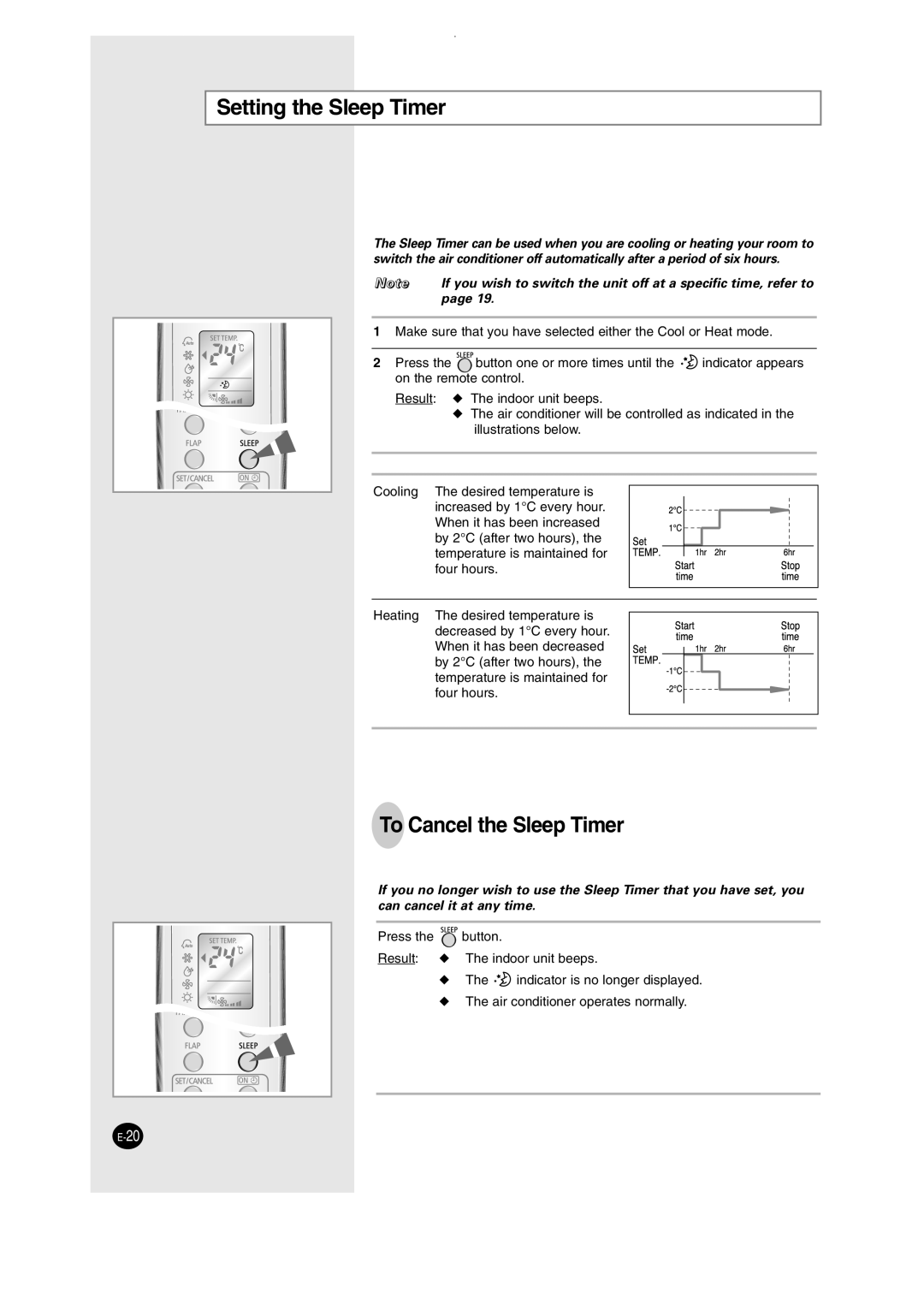 Samsung SH09AW8, SH12AWHD manual Setting the Sleep Timer, To Cancel the Sleep Timer 