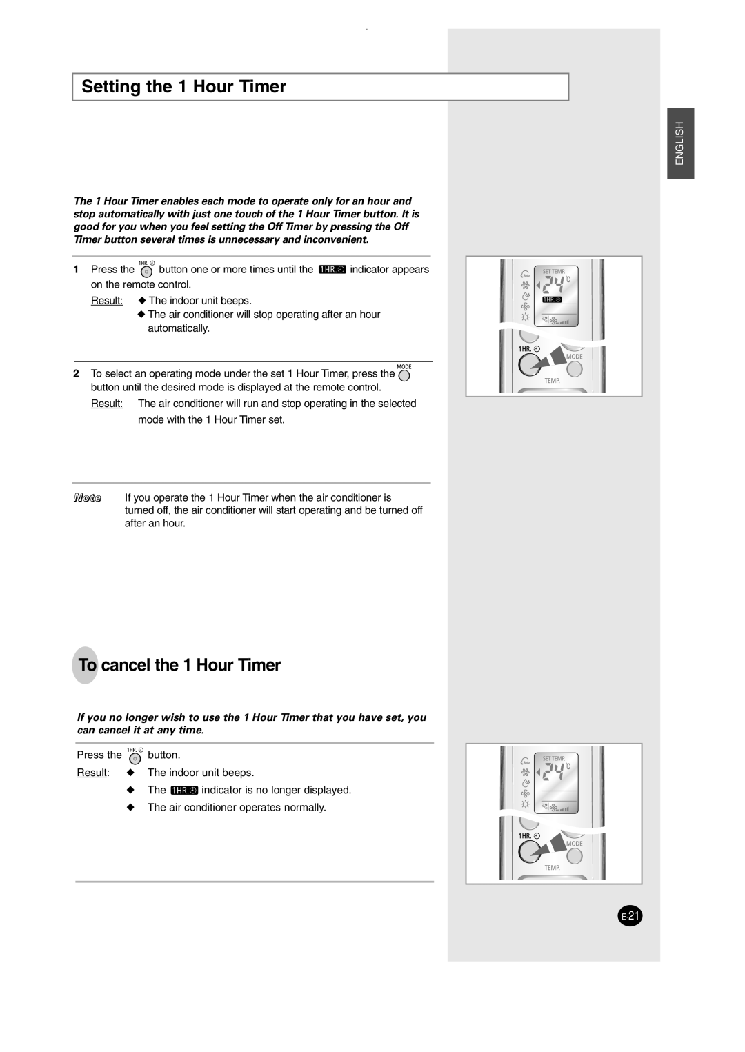 Samsung SH12AWHD, SH09AW8 manual Setting the 1 Hour Timer, To cancel the 1 Hour Timer 